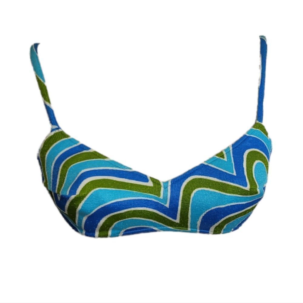 VINTAGE 70s bikini‎ top psychedelic green blue molded cup swim XS/S